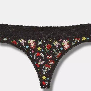 Torrid Panties 4X Thong Tattoo Butterfly Rose Cotton Lace Mid Rise Black Panty
